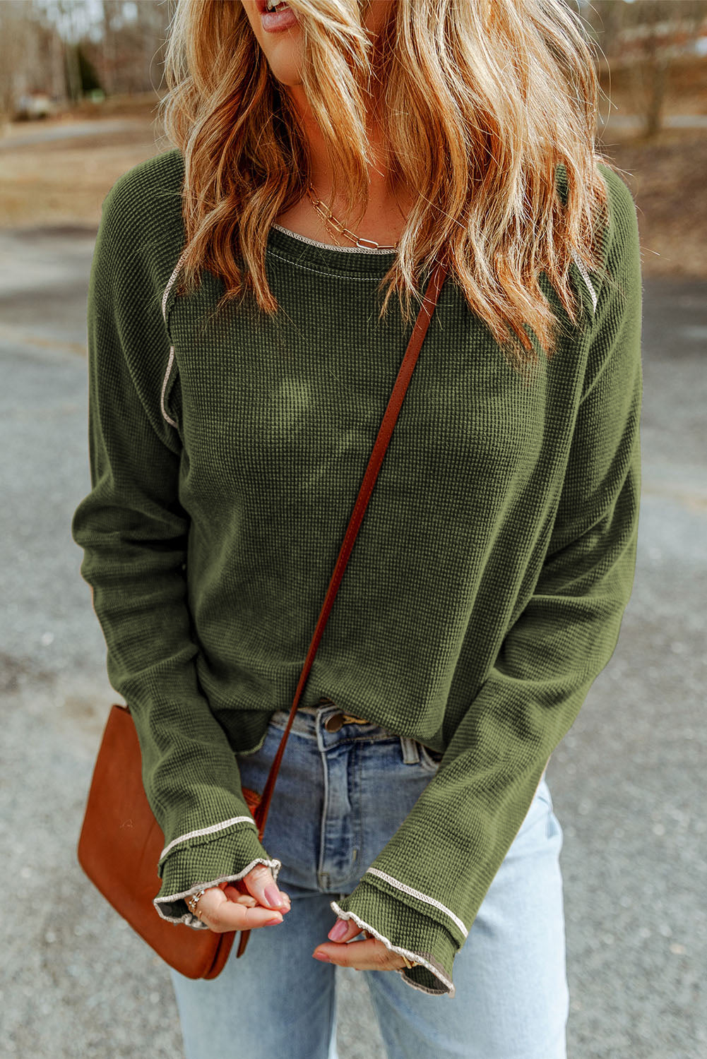 Black Textured Round Neck Long Sleeve Top