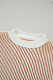 Chestnut Striped Textured Knit Contrast Edge Loose Sweater