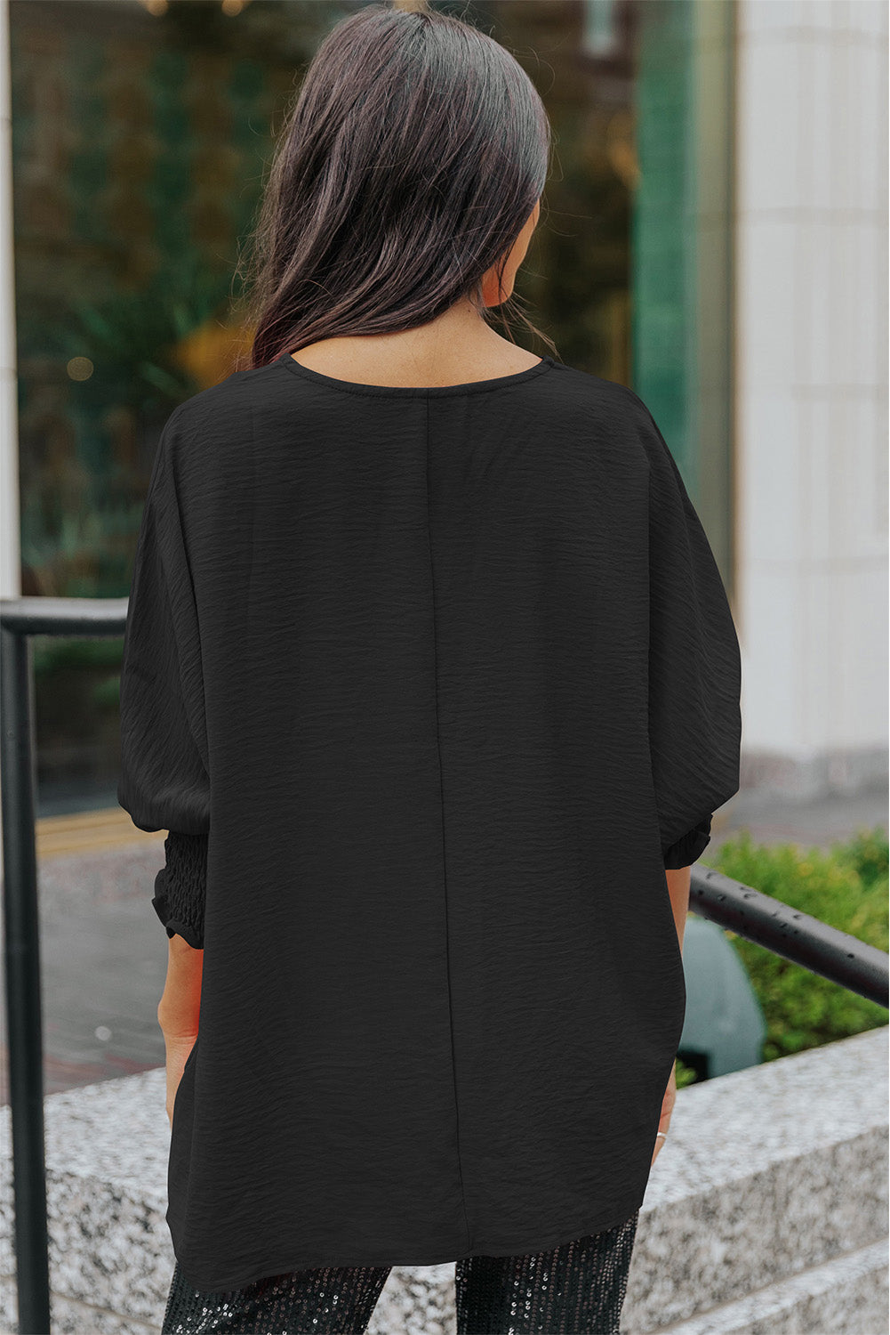 Black Smocked Wrist Shift Top