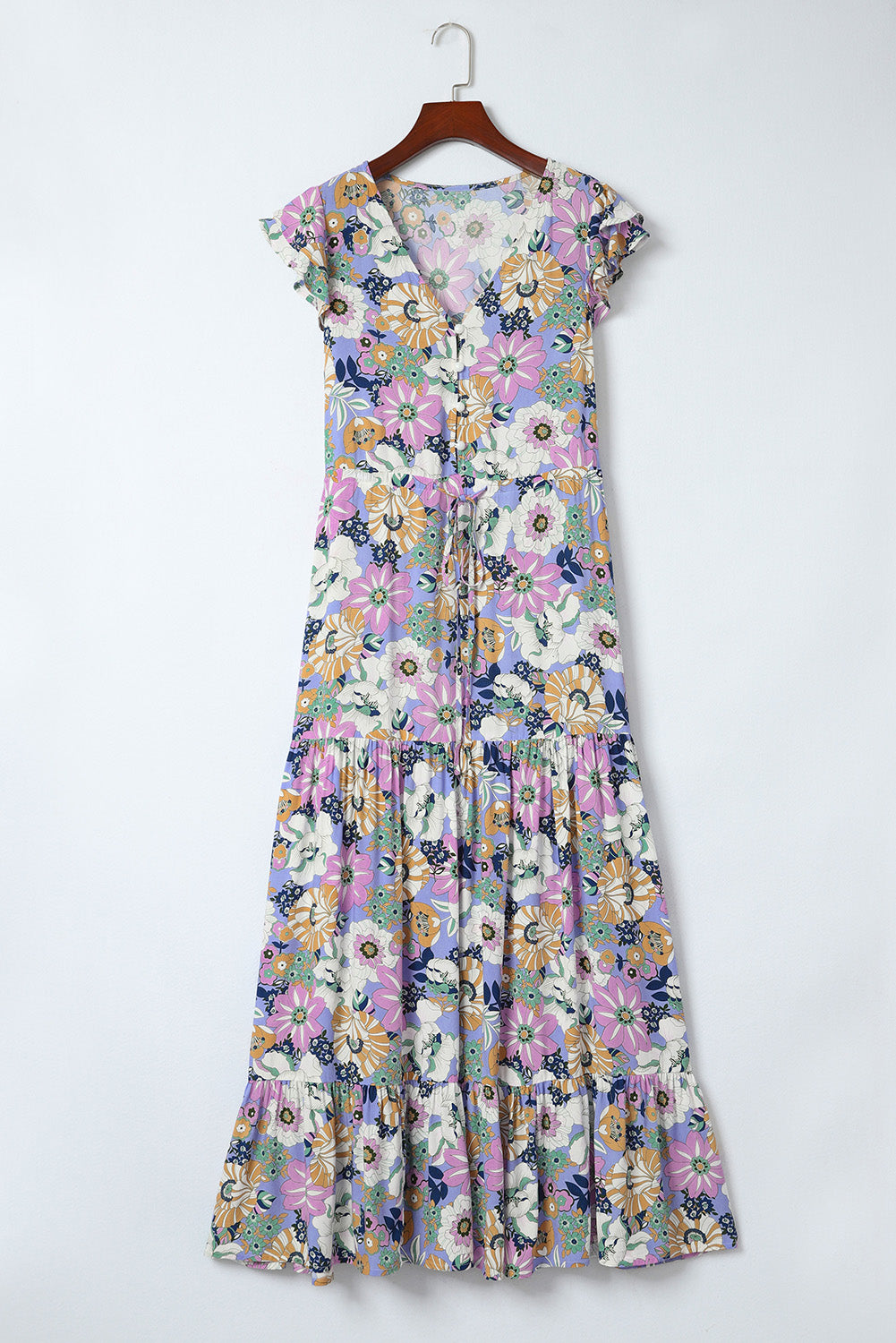 Robe longue à fleurs violette avec manches à volants superposées