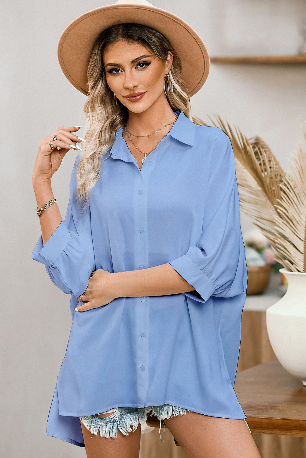 3/4 Puff Sleeve Oversize Shirt