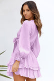 Deep V Neck Lantern Sleeve Knotted Tiered Mini Dress