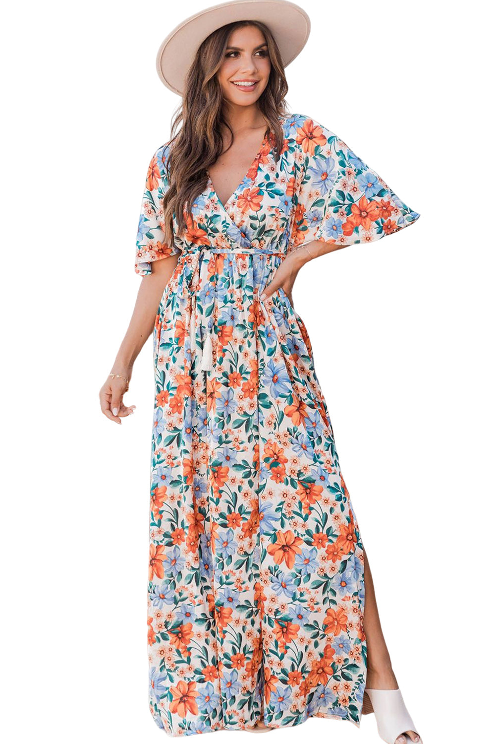 Robe longue portefeuille à imprimé floral et ceinture bleu ciel