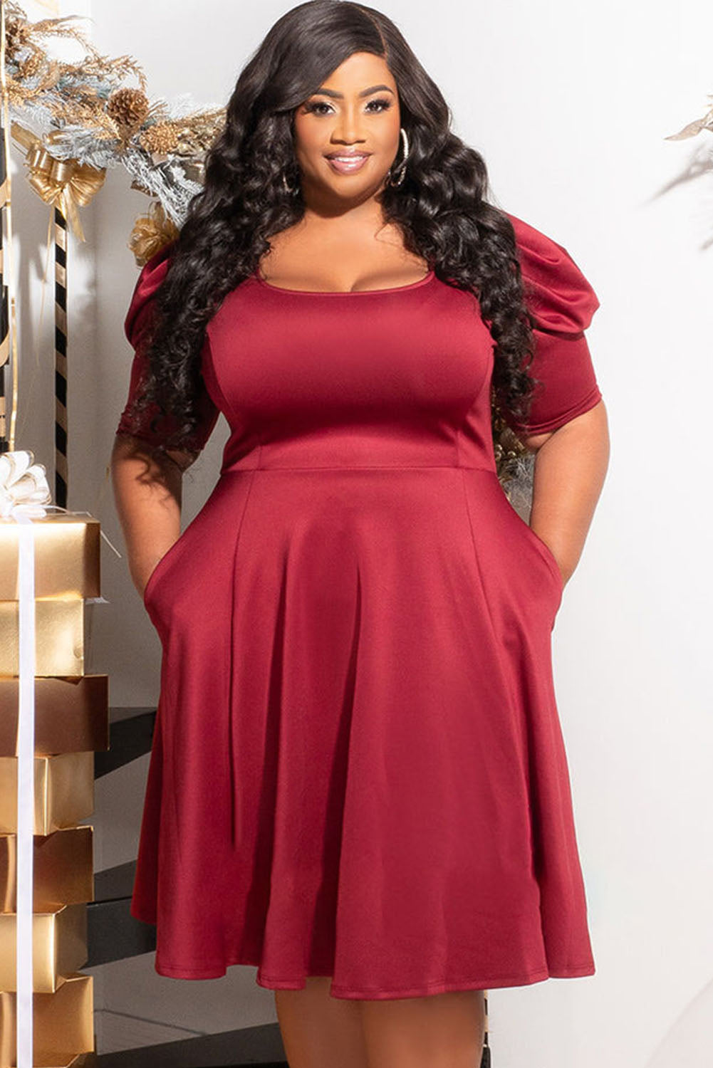 Robe midi évasée froncée à manches bouffantes de grande taille rouge