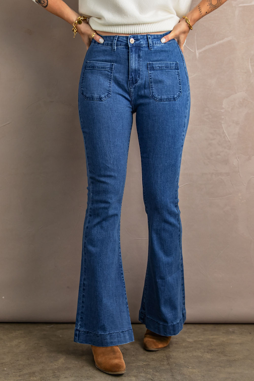 Vintage Casual Pocket Flared Jeans