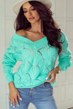 Beige Hollow Out Knit V Neck Drop Shoulder Sweater