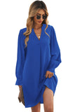 Blue Split V Neck Ruffled Sleeves Shirt Dress