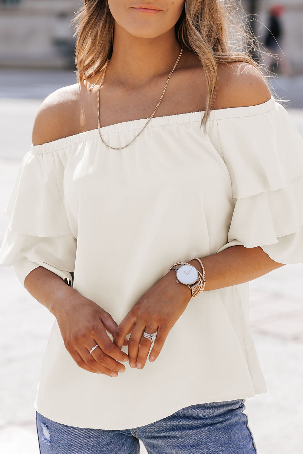 Tiered Ruffled Half Sleeve Off Shoulder Blouse