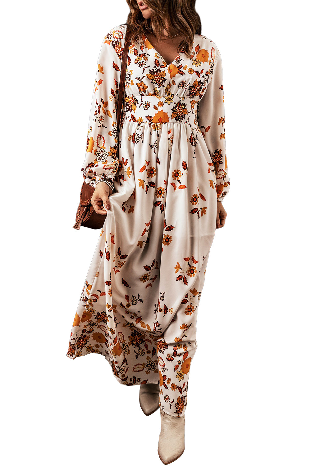 Leaf Print V Neck Puff Sleeve Maxi Dress