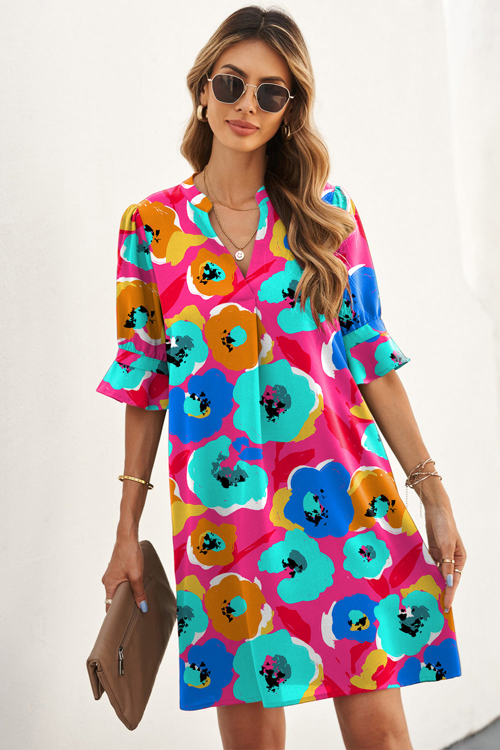 Sky Blue Multicolor Abstract Print High Neck Flutter Sleeves Top