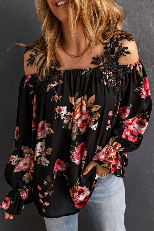 Floral Print Lace Patchwork Loose Cold Shoulder Blouse