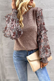 Blue Pale Chestnut Ruffle Tiered Floral Sleeve Crew Neck Blouse