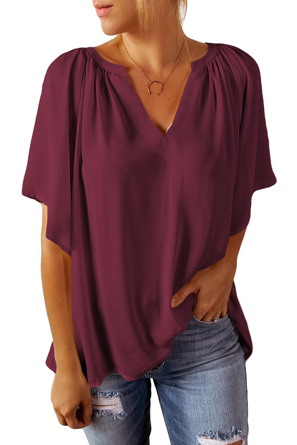 Split Neck Pleated Loose Top