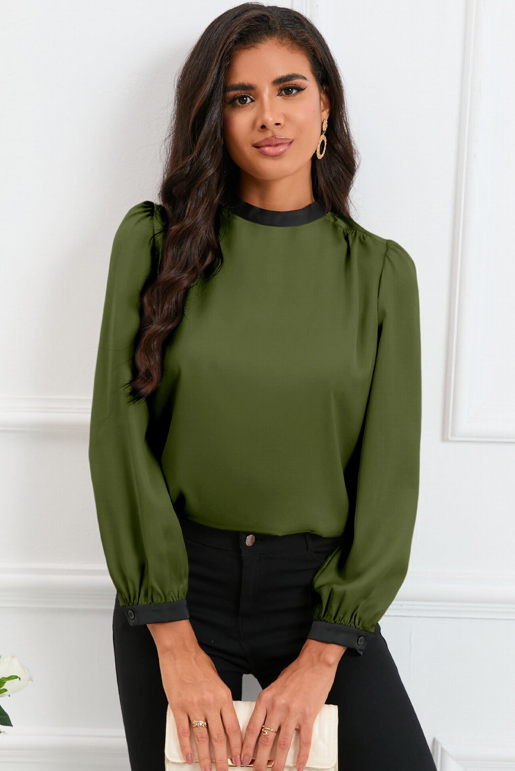 Color Block Bow Back Mock Neck Blouse