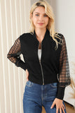 Latticed Mesh Sleeve Zip Up Bomber Jacket