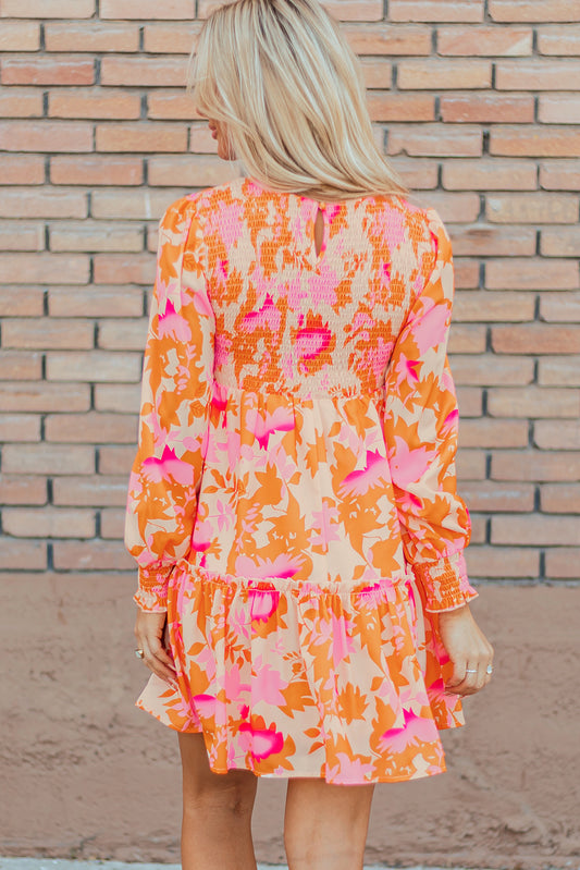 Orange Abstract Print Smocked Lantern Sleeve Ruffle Mini Dress