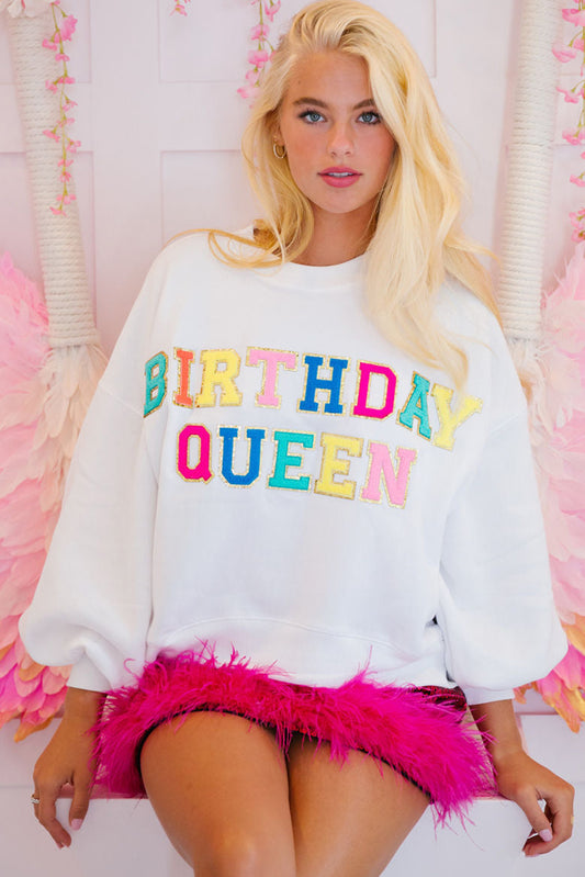 White BIRTHDAY QUEEN Graphic Balloon Sleeve Sweatshirt