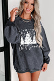 Pink Solid Ribbed Knit Round Neck Pullover Sweatshirt