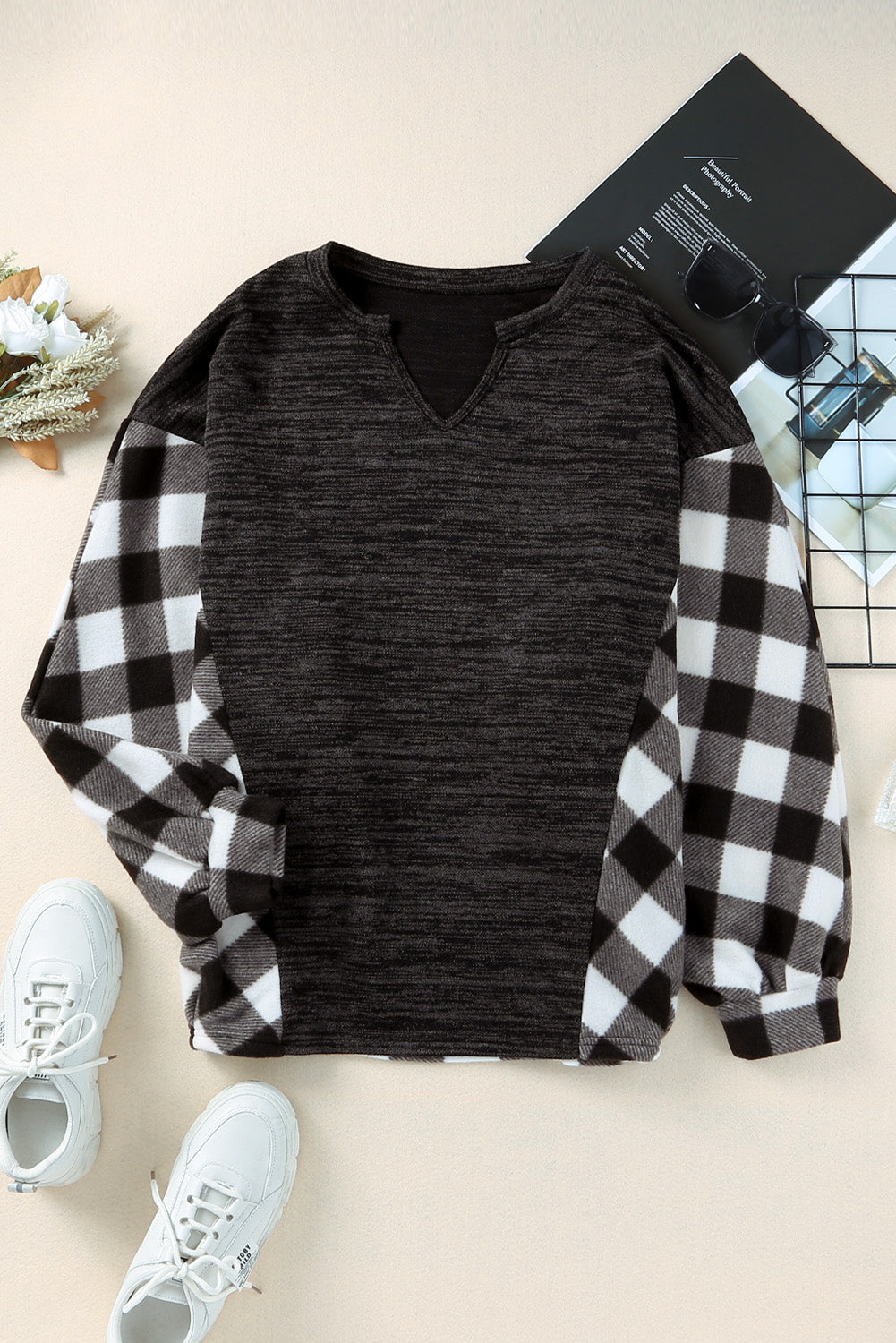 Buffalo Plaid Splicing Split Neck Knit Top