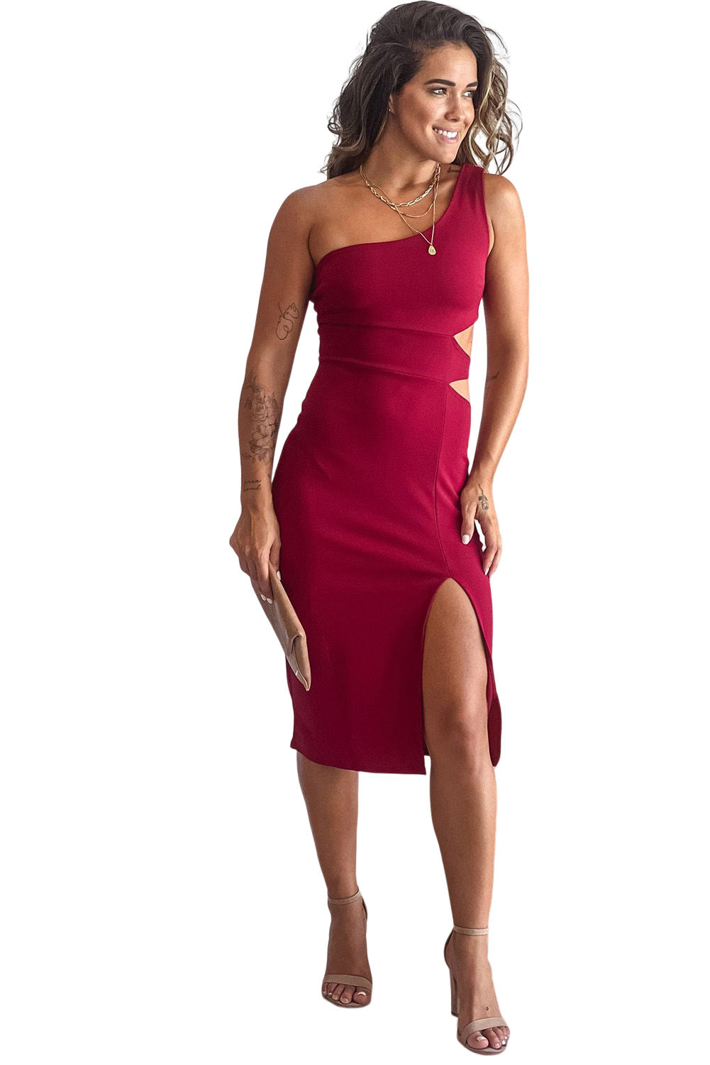 Asymmetric Cutout One Shoulder Bodycon Dress with Slit