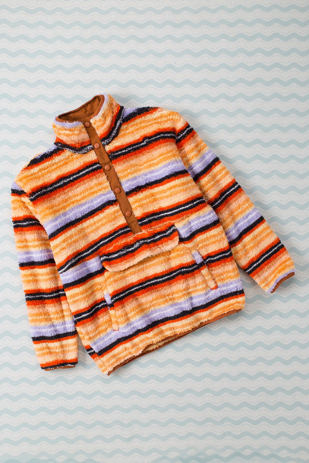 Striped Kangaroo Pocket Buttoned Sherpa Sweatshirt