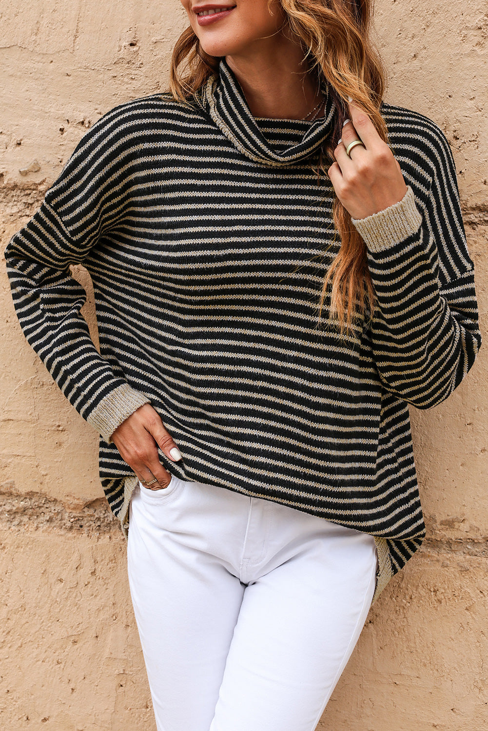 Khaki Striped Turtleneck Loose Sweater