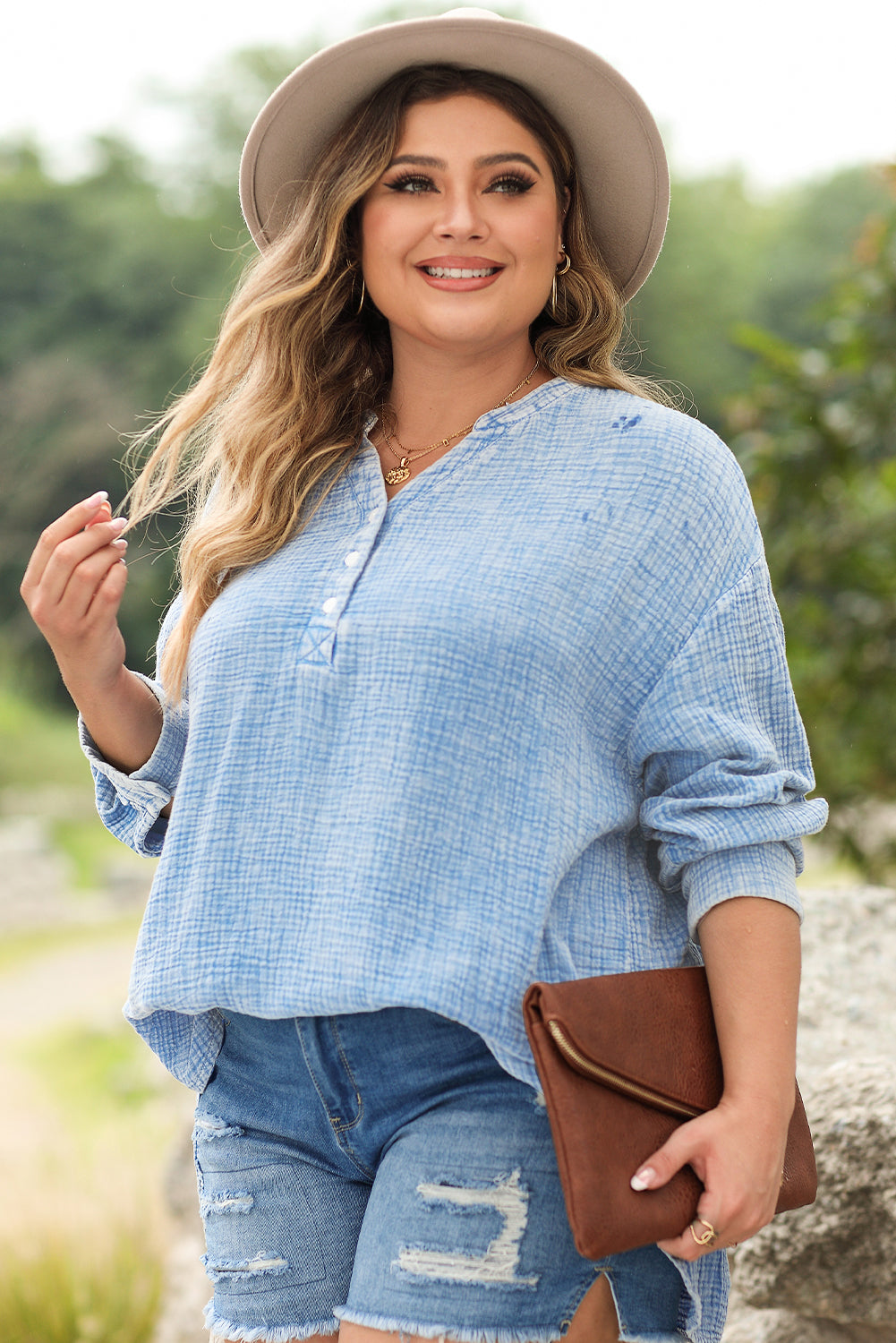 Sky Blue Crinkle Textured Loose Henley Top