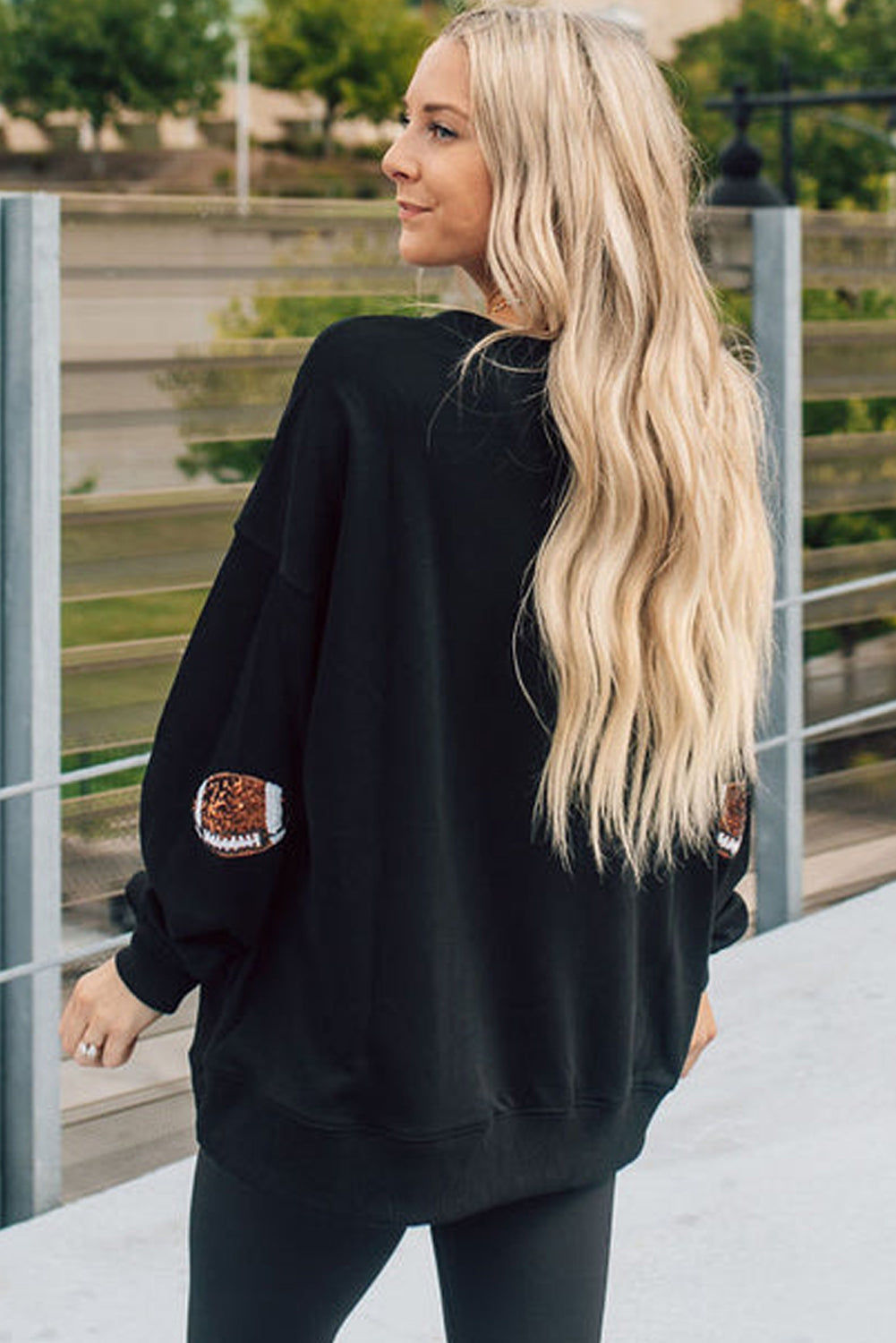 Black Sequined Rugby Graphic Open Back Sweatshirt