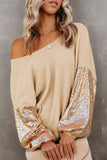 Apricot Sequin Patchwork Sleeve Open Back Waffle Knit Top