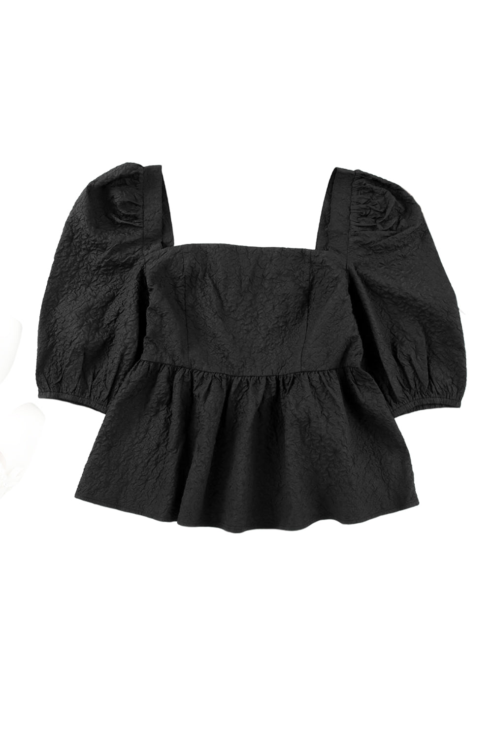 Blouse péplum noire texturée à col carré et manches bouffantes