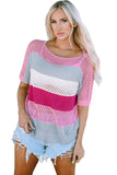 Knitted Eyelet Colorblock Striped Half Sleeves Top