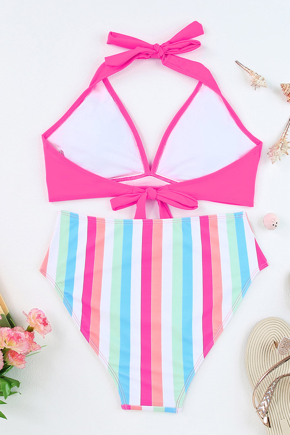 Halter Striped Backless Self-Tie Bikini Swimsuit