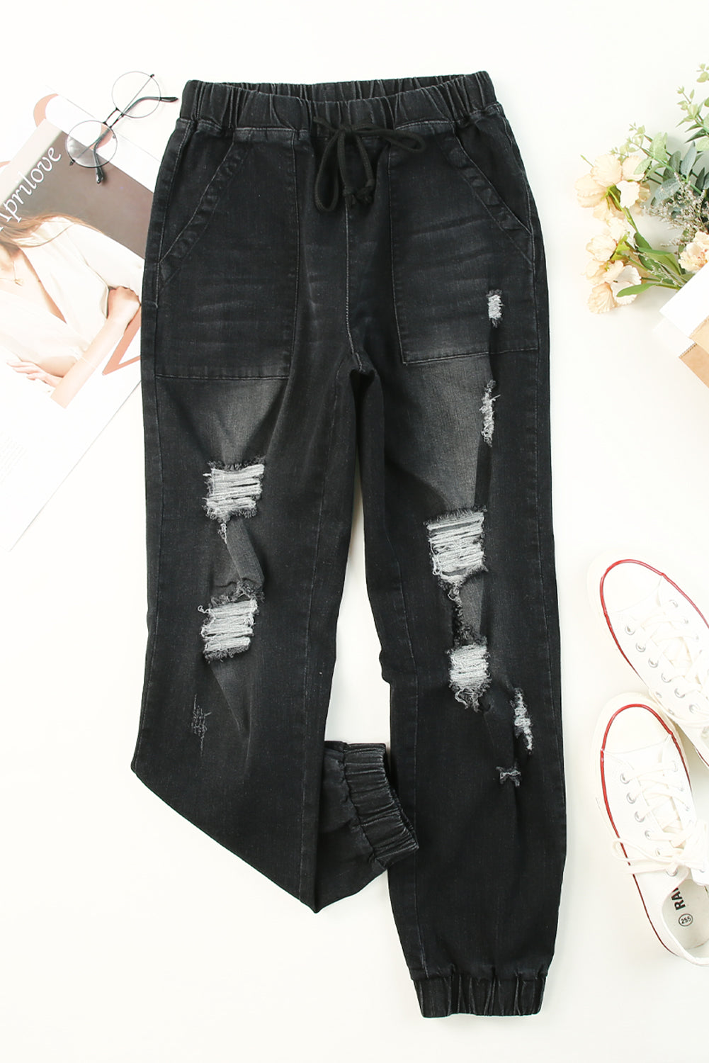 Blue Pocketed Distressed Denim Joggers