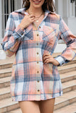 Plaid Roll-tab Sleeve Side Slit Shirt Dress