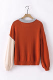 Coffee Colorblock Bishop Sleeve Ribbed Trim Sweater