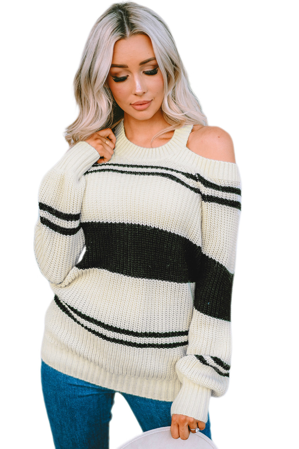 Striped Cold Shoulder Knit Sweater