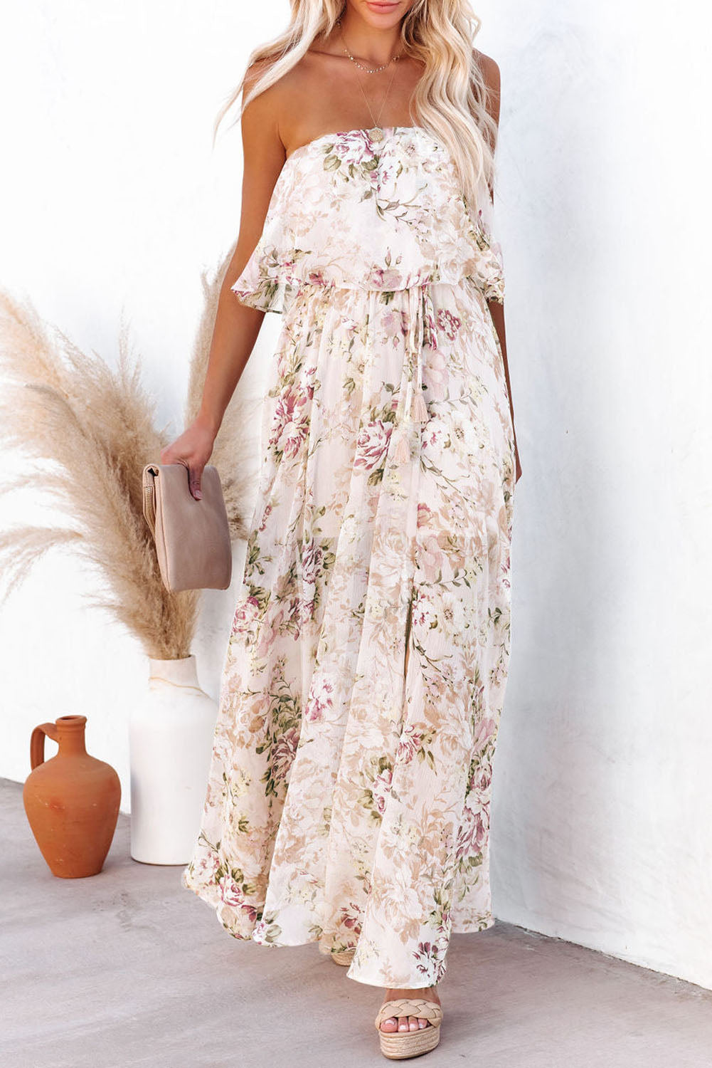 Robe longue rose à imprimé floral et bustier tube sans bretelles