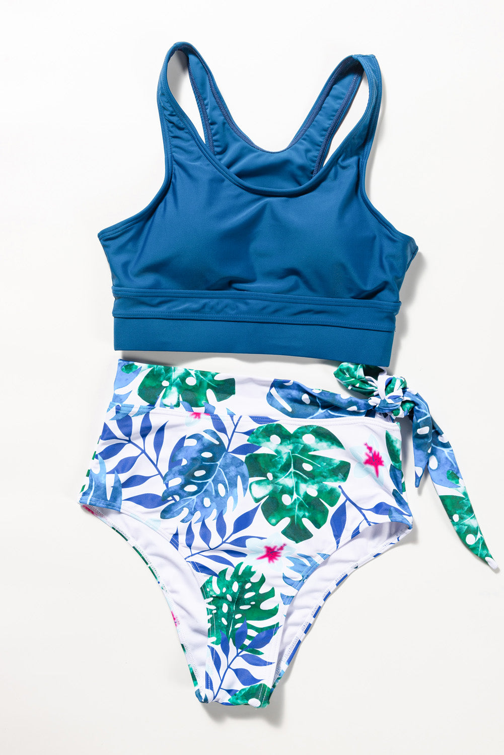 Red Sky Blue Floral Printed High Waist Waist Lace Up Bikini Set