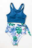 Red Sky Blue Floral Printed High Waist Waist Lace Up Bikini Set