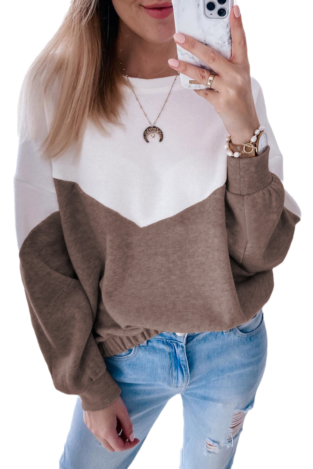 Colorblock Cutout Elastic Hem Pullover Sweatshirt