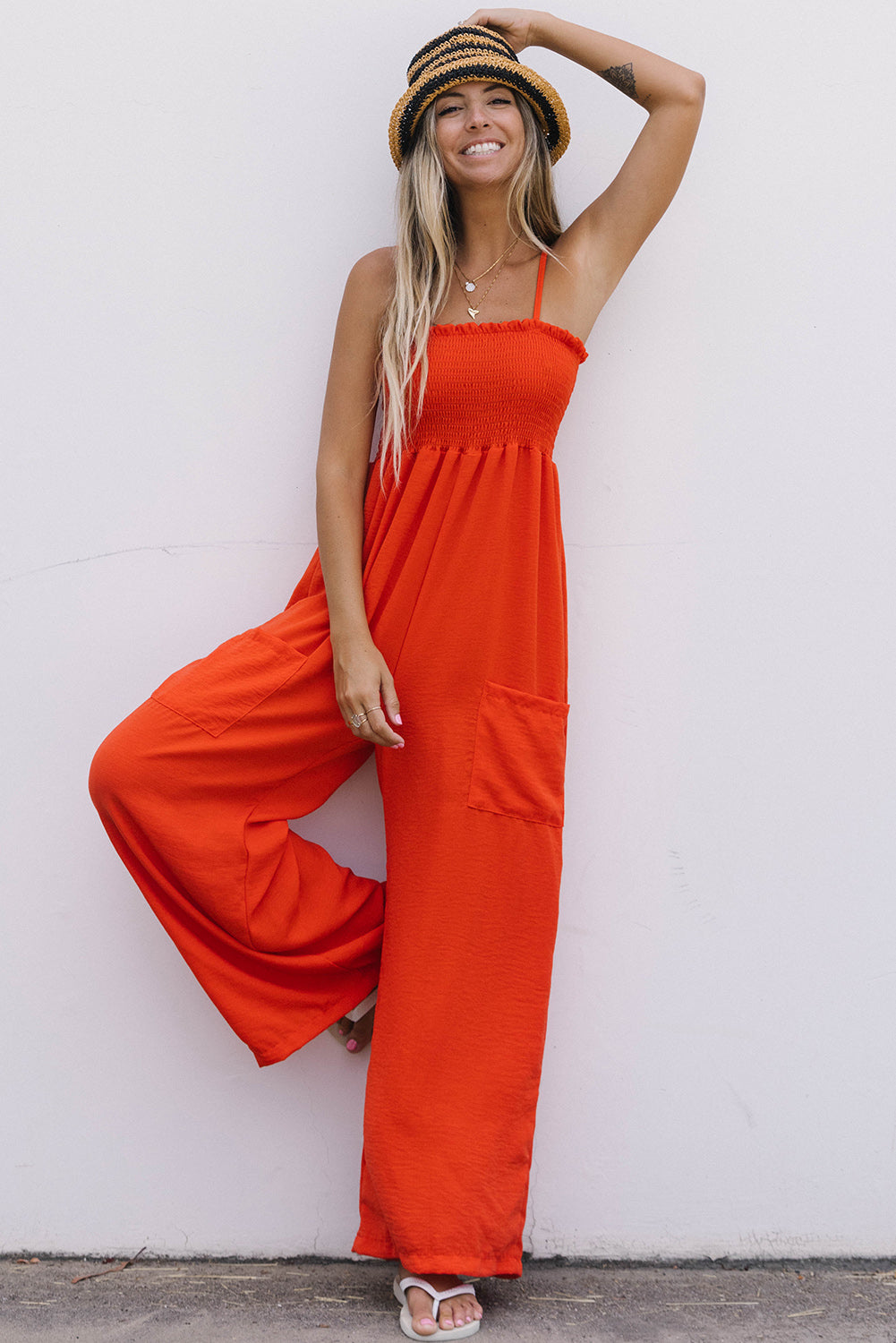 Smocked Spaghetti Straps Wide Leg Jumpsuit