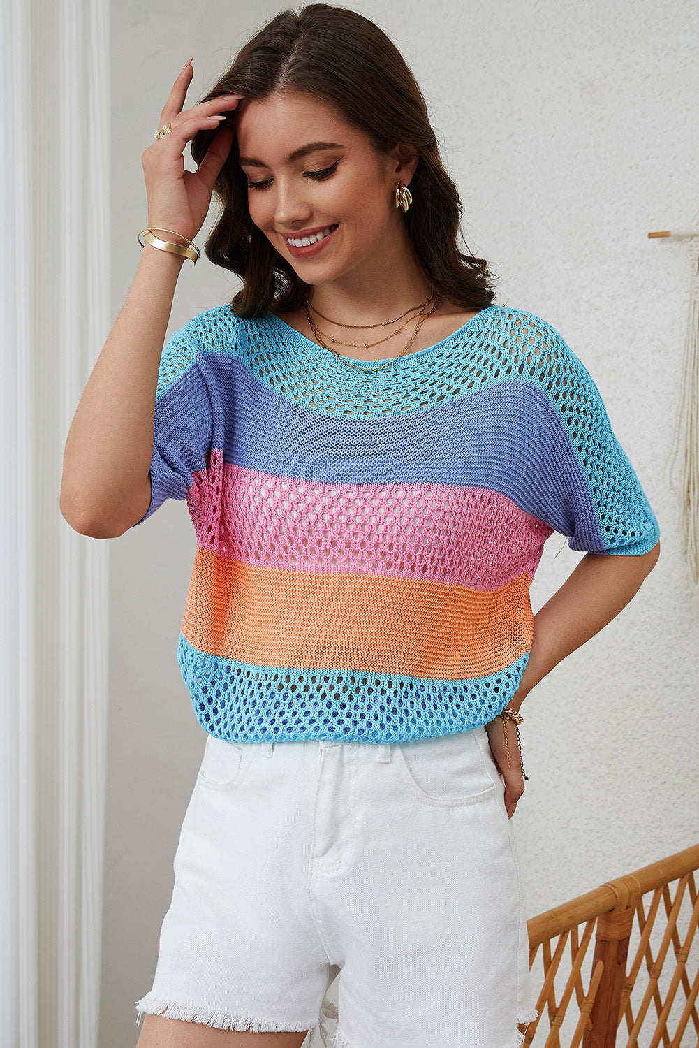 Knitted Eyelet Colorblock Striped Half Sleeves Top