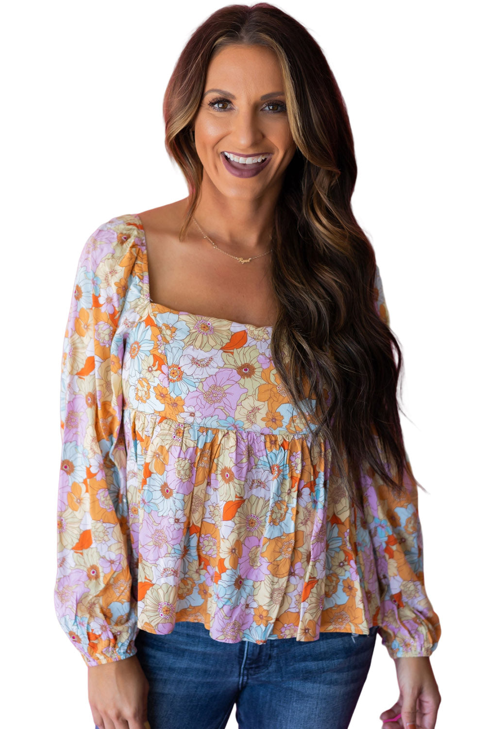 Floral Square Neck Puff Sleeve Babydoll Blouse