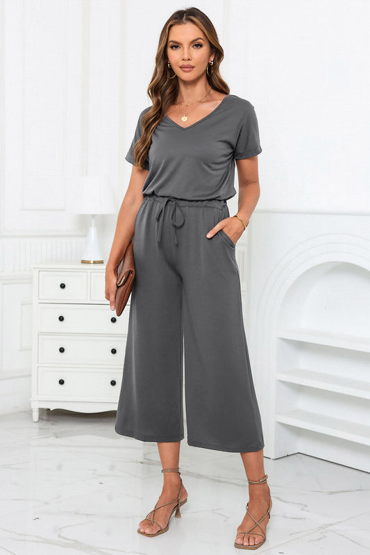 Drawstring Waist Short Sleeve Wide Leg Jumpsuit