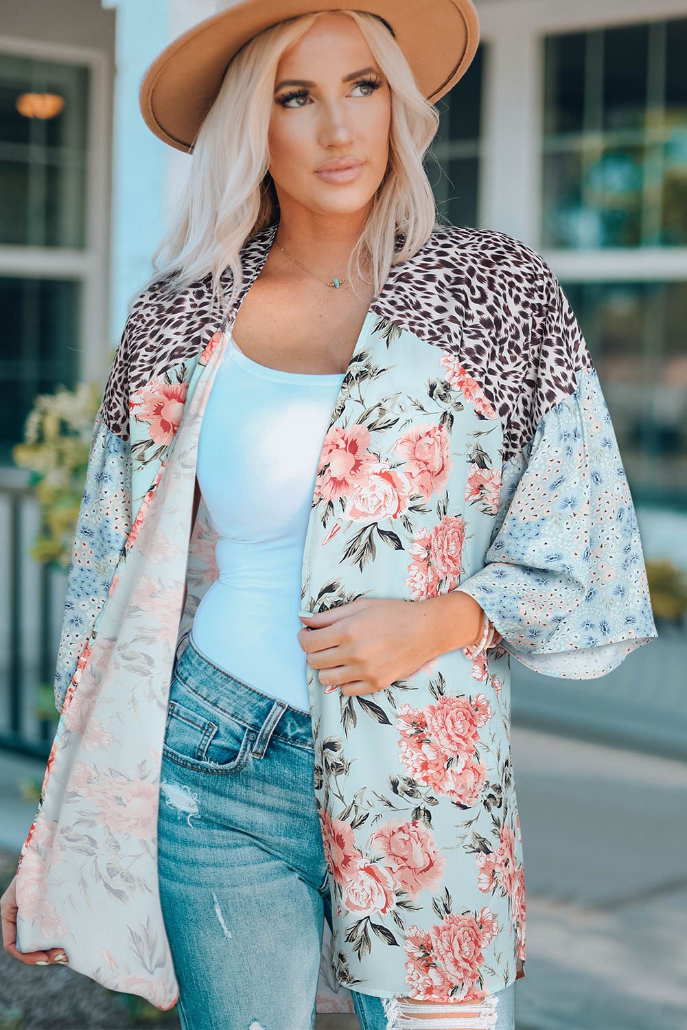 Leopard Floral Mixed Print Wide Sleeves Kimono