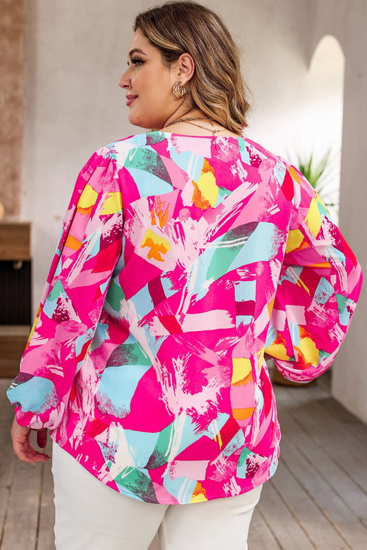 Plus Size Graffiti Print Split Neck Puff Sleeve Blouse