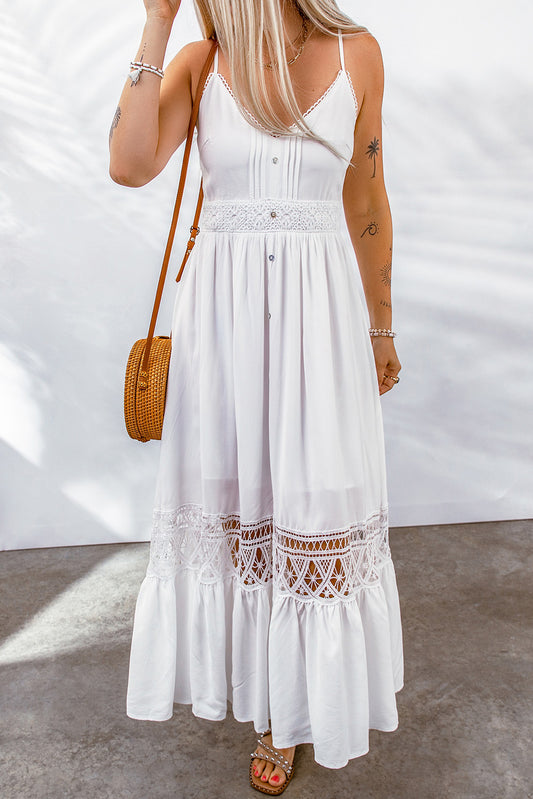 Lace Splice Button Decor Spaghetti Strap Maxi Dress