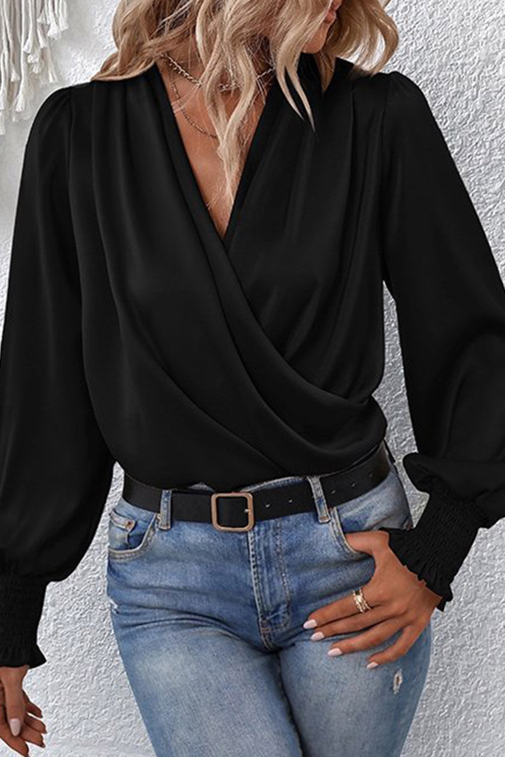 Solid Surplice Neck Shirred Cuffs Draped Blouse