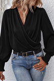 Solid Surplice Neck Shirred Cuffs Draped Blouse