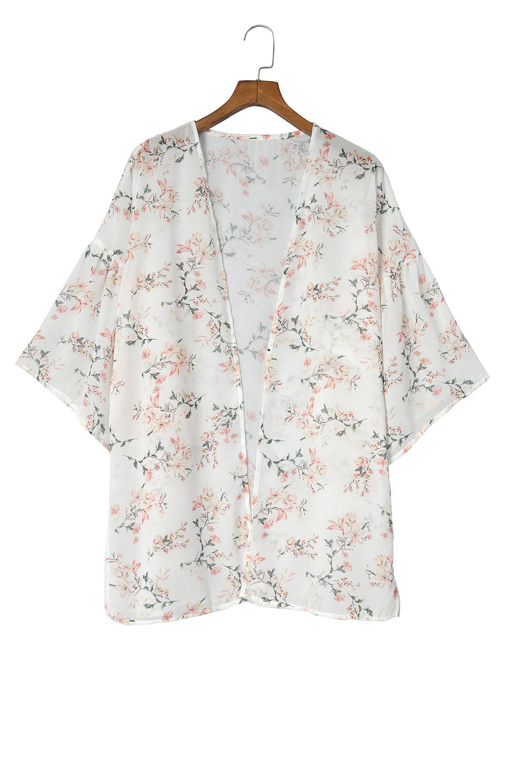 Kimono blanc à manches longues et à volants à imprimé floral 